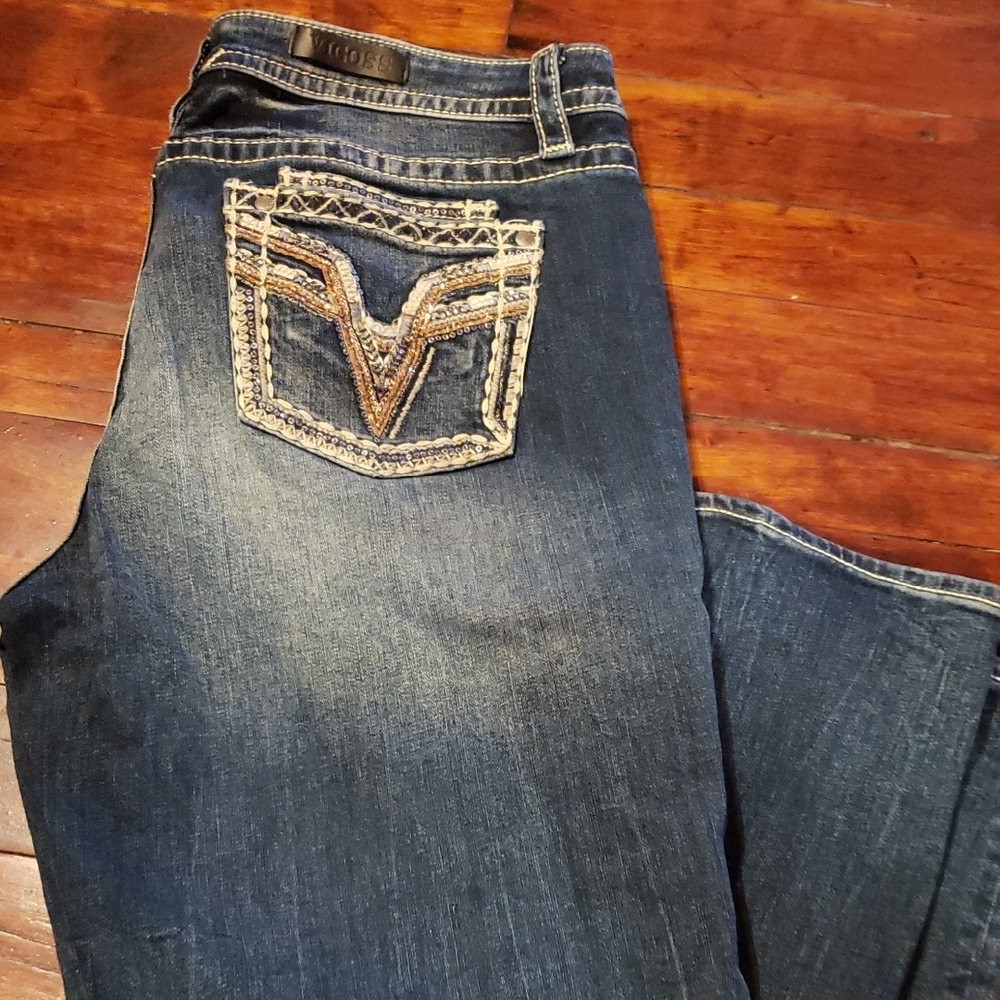 Vigoss Dark Blue Boot Cut Jeans with Tan Embroidery